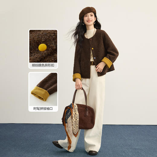 【12/17新品】熙世界韩系小香风羊毛短外套女2025冬季新款气质圆领毛绒开衫上衣 商品图1