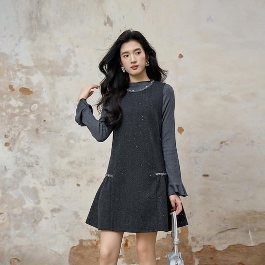 奢姿大码女装2025冬季胖妹妹时尚拼接亮片设计亮钻装饰针织套装9954994257AB 商品图2