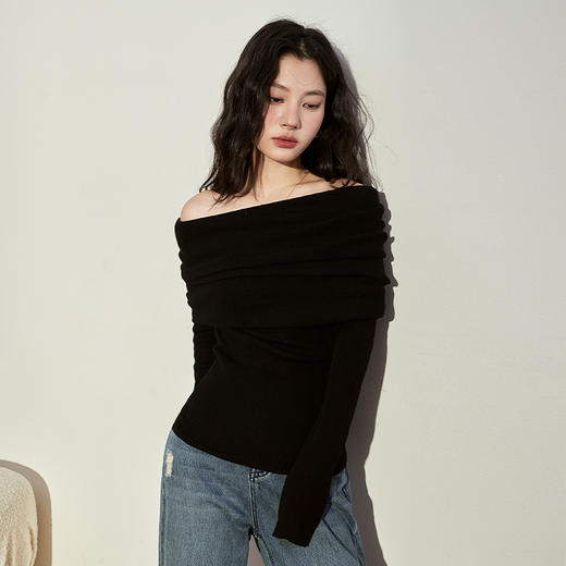 高级感一字领纯色T恤女新款收腰修身长袖针织衫V1831983 商品图4