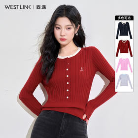 西遇长袖短款毛针织衫女新款修身弹力显瘦假两件毛衣D3642438