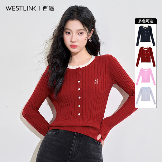 西遇长袖短款毛针织衫女新款修身弹力显瘦假两件毛衣D3642438 商品图0