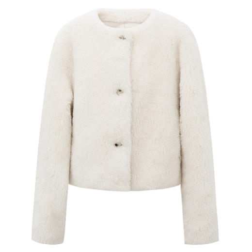 SELFWHO绵羊毛混纺白色皮草外套女2025冬季新款圆领箱型短款上衣 商品图4