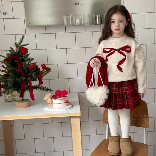 【韩版！蝴蝶夹针织毛衣】艾摩贝贝童装 韩版2025冬季款 女童洋气甜美蝴蝶结提花加厚针织毛衣 商品图5