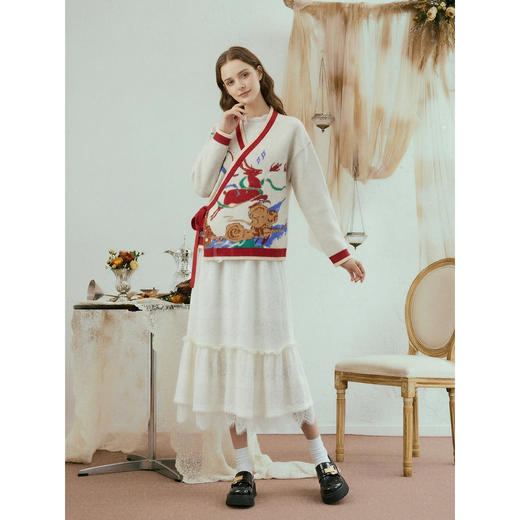 两三事 灵踪雪野 2025冬季新款中国风绑带花色毛衣开衫女宽松 商品图1