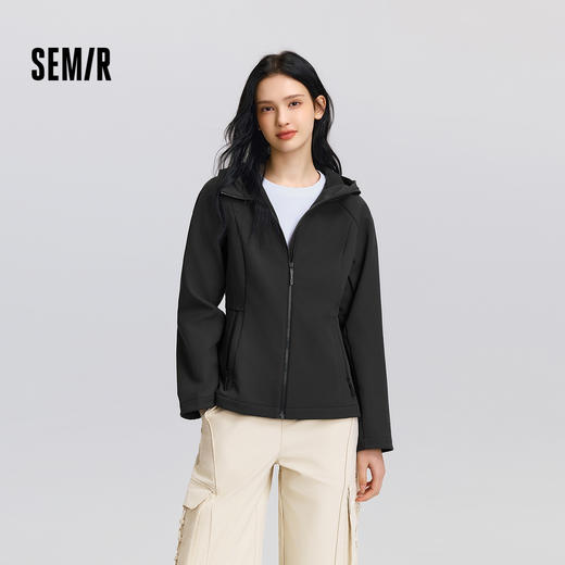 森马外套女春插肩袖防泼水摇粒绒软壳衣连帽分割显瘦简约户外夹克 商品图1