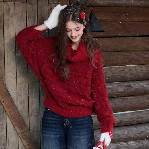 三彩独醒2026春季新款仿貂毛针织衫高领灯笼袖新年毛衫套头F 商品图2