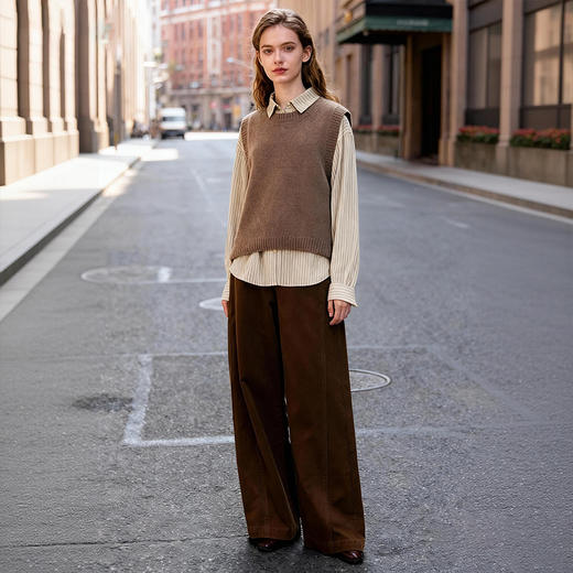 Famecoco高腰阔腿裤宽松简约直筒纯色休闲裤拖地裤FAD8GA119 商品图4