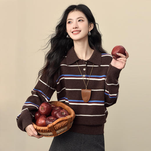 【12/17新品】熙世界老钱风条纹POLO领毛衣女2025年秋冬新款宽松套头长袖针织衫 商品图1
