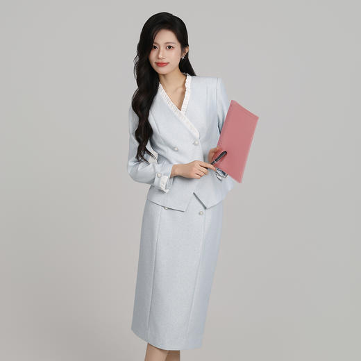 法小曼蓝色清新艺考主持人西装半裙套装女小香风优雅职业正装套裙 商品图2