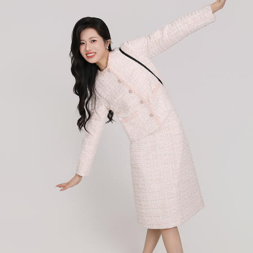 IWY/主持人同款小香风粗花呢粉色西装套裙女秋冬气质名媛通勤职业装两件套CS2500 商品图5