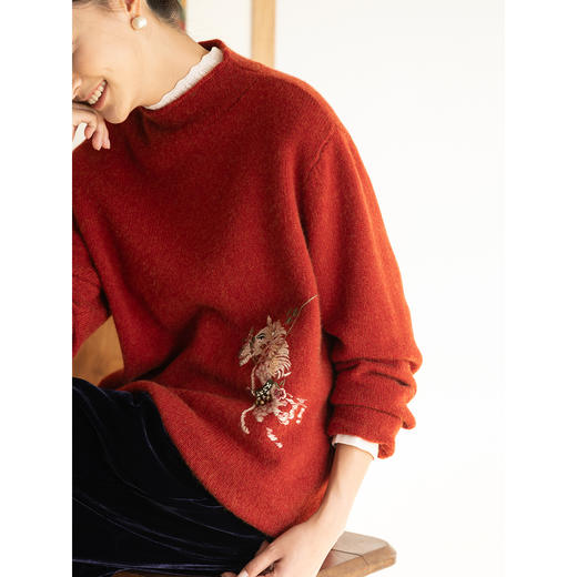 牧衣游原创UPW精工手绣羊绒混织套头衫蓬松保暖红色新年毛衣 琴心 商品图1