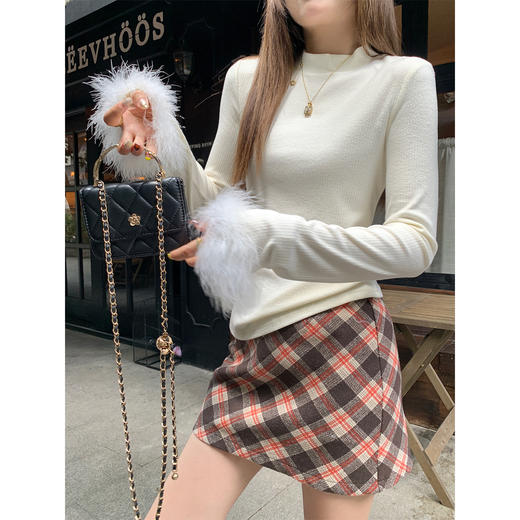 <曾小咸推荐>现货秒杀 ！微信超特价！韩系拼接毛毛袖打底衫 日常129.99 立减60 秒杀69.99！！深浅咖格半裙  秒杀59.99！！！ 商品图2