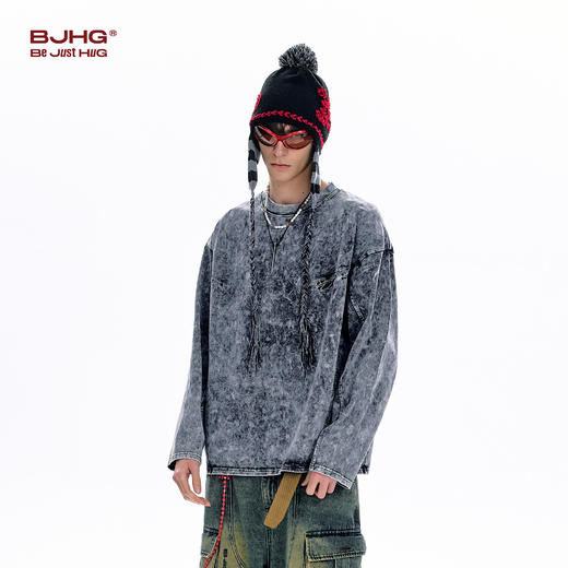 BJHG不计后果美式长袖男T恤圆领卫衣 冬季新款做旧水洗休闲上衣女 商品图3