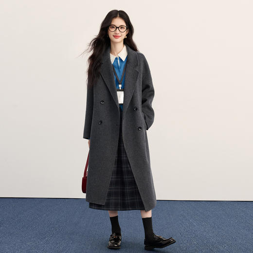 【12/17新品】熙世界戗驳领100%羊毛双面呢子大衣女冬季通勤双排扣长款毛呢外套 商品图4