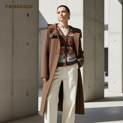 Famecoco范可儿宽松休闲连帽牛角扣大衣长款双面尼外套FAD8AQ108 商品图1