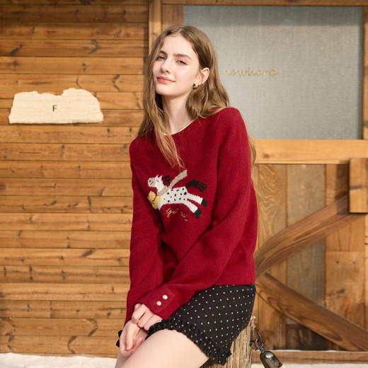 三彩2026春季新款马上有钱毛衣提花绣花长袖新年红毛衫套头M 商品图2