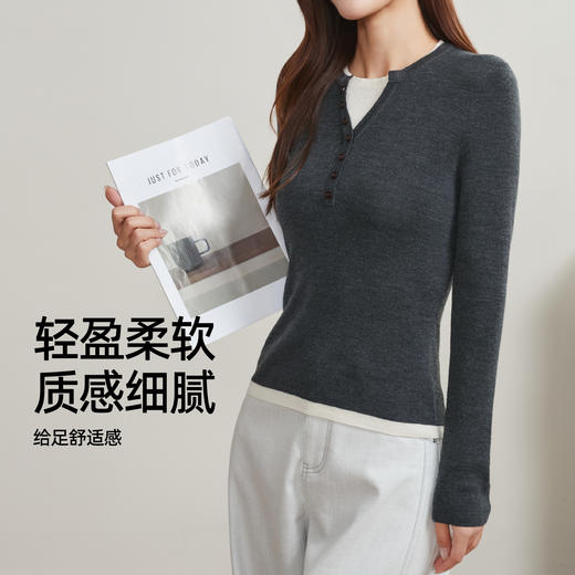 【100%绵羊毛-假两件毛衫】逸阳秋冬撞色圆领修身显瘦气质毛衣5282 商品图2