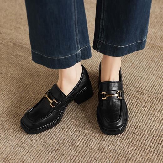 阿么手工女鞋一脚蹬马衔扣乐福鞋高跟女6CM厚底软底通勤真皮单鞋 商品图3