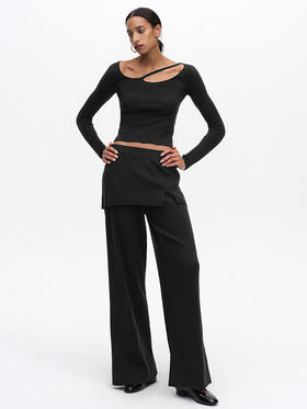 TR她热 慵懒漫步 黑色罗纹针织镂空慵懒显瘦百搭打底衫阔腿裙裤