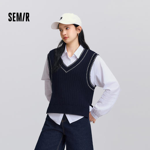 森马长袖衬衫女春翻领衬衣V领背心叠穿简约气质文艺学院风两件套 商品图1