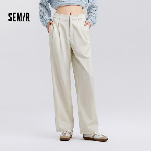 森马休闲裤女春季纯色半松紧腰打褶长裤女士ins潮简约通勤阔腿裤 商品图1