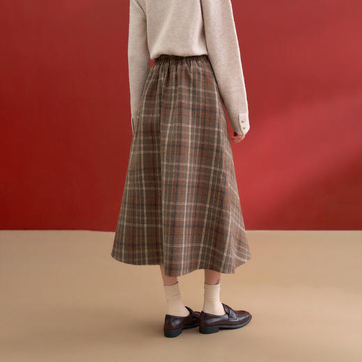 西遇毛呢a字半身裙女秋季新款复古高腰宽松显瘦长款格子裙V0055469 商品图4