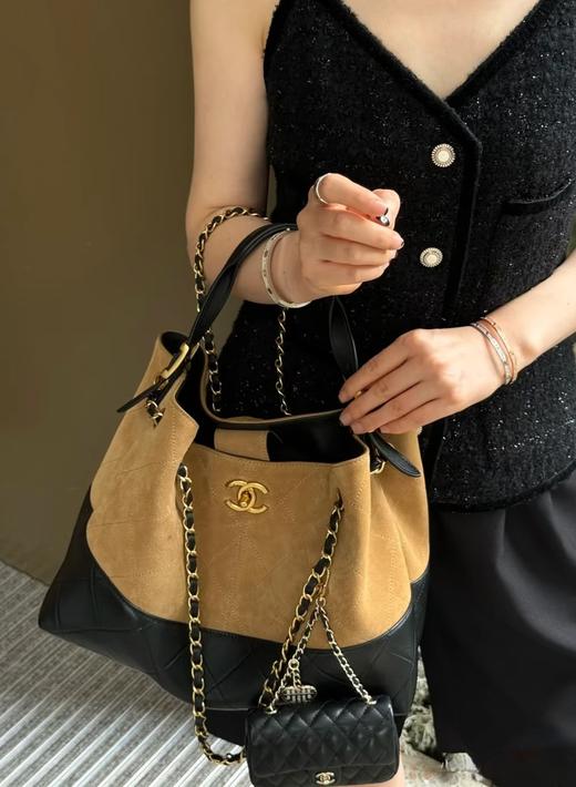 代工厂新款麂皮拼纯皮托特hobo大容量链条单肩斜挎包 商品图5