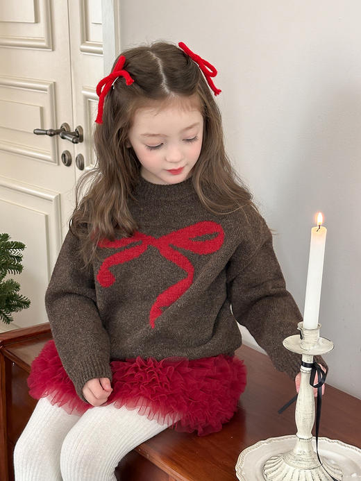 【韩版！蝴蝶夹针织毛衣】艾摩贝贝童装 韩版2025冬季款 女童洋气甜美蝴蝶结提花加厚针织毛衣 商品图6