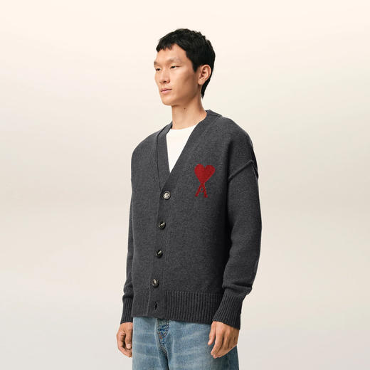 AMI 男女同款心形徽标刺绣嵌花羊毛针织开衫 深灰色 UKC367 U018 084 商品图3
