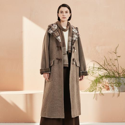 Famecoco范可儿牛角扣连帽宽松长款羊毛大衣双面尼外套FAD8AQ107 商品图1