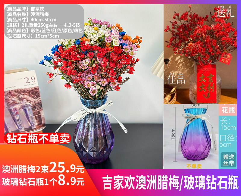 【吉家欢澳洲腊梅玻璃钻石瓶】生活需要仪式感， 隆冬到来时，百花迹己绝，惟有腊梅破，凌雪独自开-BXG