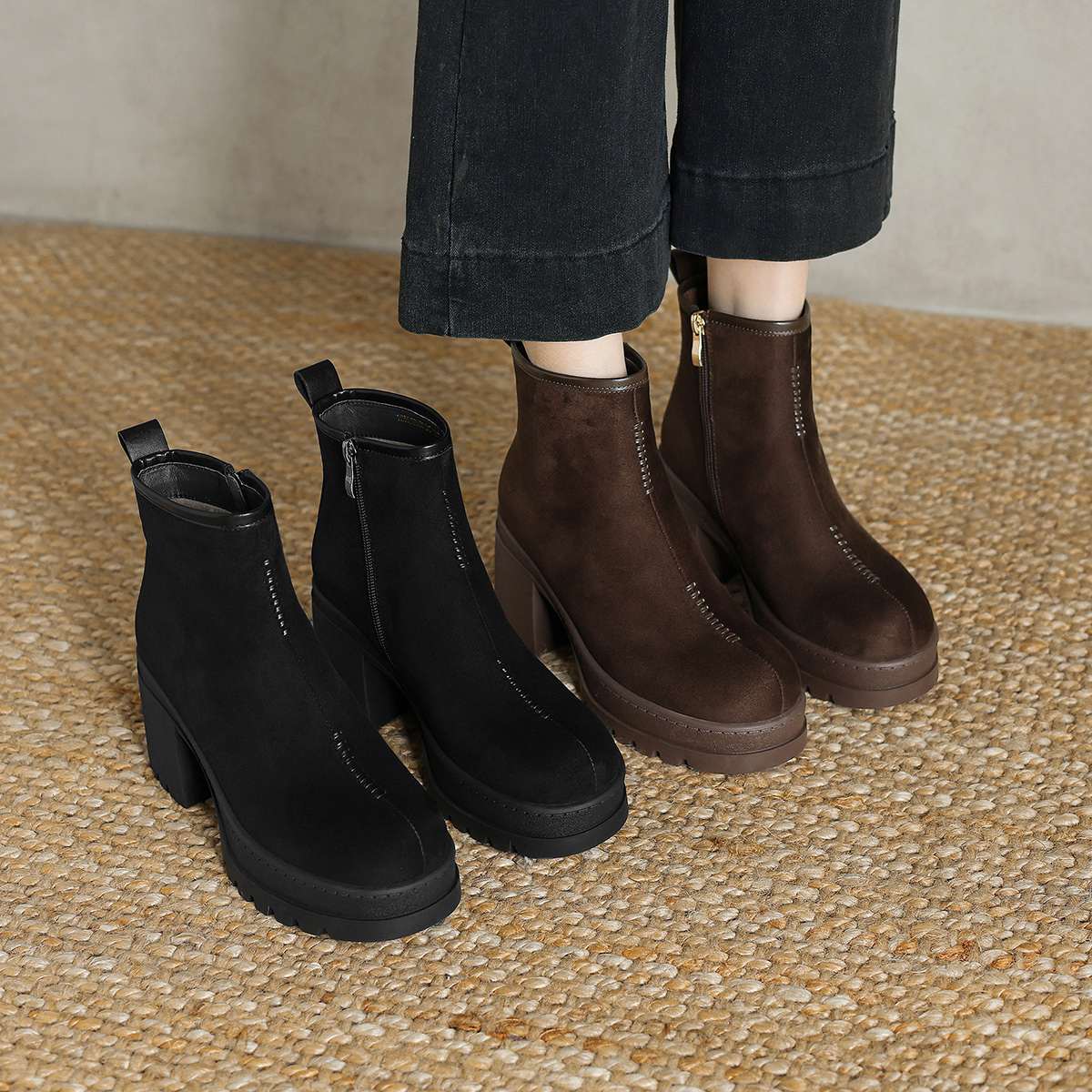 阿么手工女鞋防水台高跟靴子冬季新款增高加绒法式通勤短靴女8CM