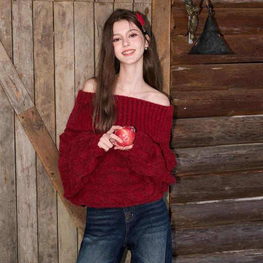 三彩独醒2026春季新款仿貂毛针织衫高领灯笼袖新年毛衫套头F 商品图1