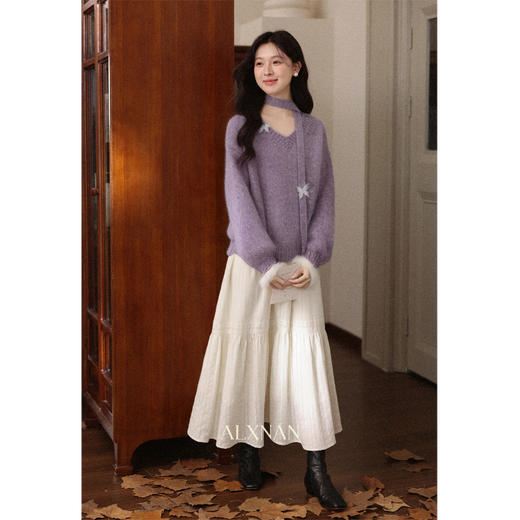 鹿向南「槿上花语」韩系慵懒V领套头紫色毛衣女设计感针织衫上衣 商品图2