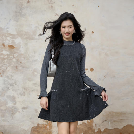 奢姿大码女装2025冬季胖妹妹时尚拼接亮片设计亮钻装饰针织套装9954994257AB 商品图0