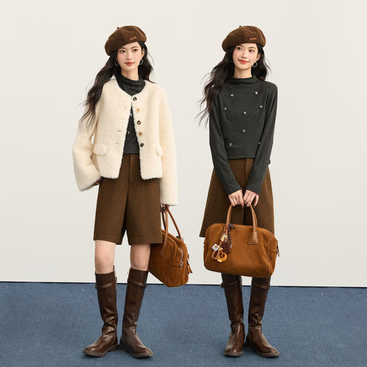 【12/17新品】熙世界重工钉钻花朵针织打底衫女2025秋冬新款内搭半高领磨绒上衣 商品图2