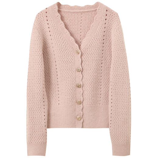 三彩2026春季新款V领针织衫镂空单排扣长袖开衫外套显瘦M 商品图4