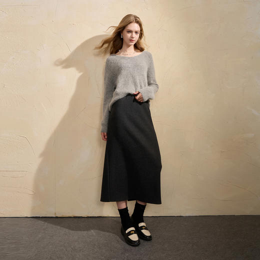 三彩2026春季新款半身裙松紧高腰直筒裙开叉长裙简约气质M 商品图1