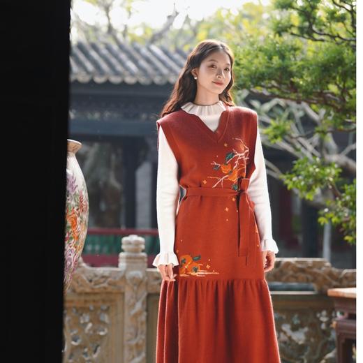 两三事柿柿暖春2025冬季新款复古柿子树图案绑带毛衣背心裙连衣裙
 商品图2