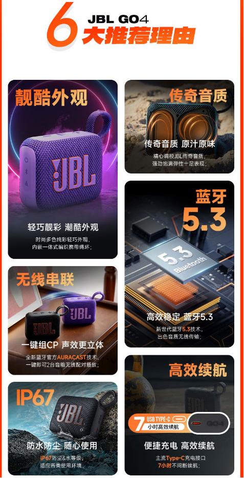 JBL GO4 音乐金砖四代 便携式蓝牙音箱 低音炮 户外音箱 迷你小音响 极速充电长续航 防水防尘 商品图3