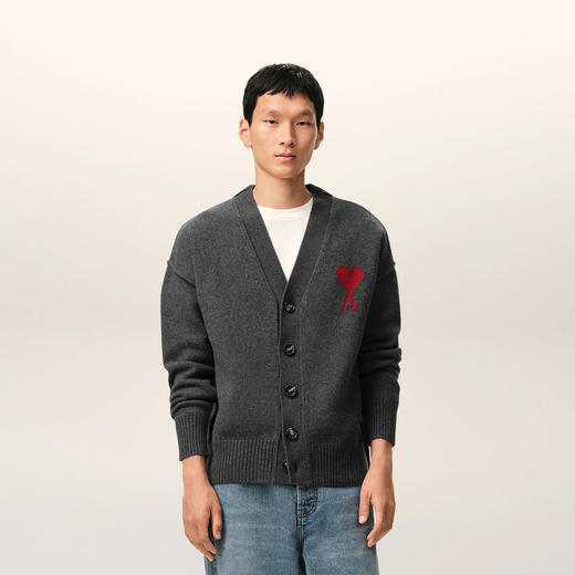 AMI 男女同款心形徽标刺绣嵌花羊毛针织开衫 深灰色 UKC367 U018 084 商品图1