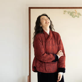 牧衣游原创 提花丝棉95高蓬松净味红嘴雁绒羽绒服红色中式 云漫