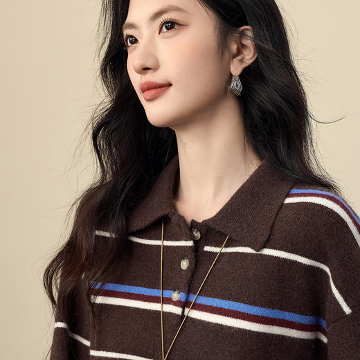 【12/17新品】熙世界老钱风条纹POLO领毛衣女2025年秋冬新款宽松套头长袖针织衫 商品图4