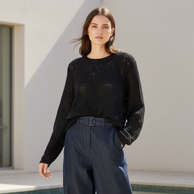 Famecoco范可儿文艺镂空设计感毛衫休闲宽松套头上衣FAD8DB126
