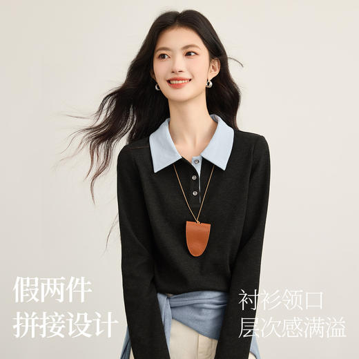 【12/17新品】熙世界MUI系撞色POLO领针织衫女2025秋冬新款内搭显瘦打底衫上衣 商品图1