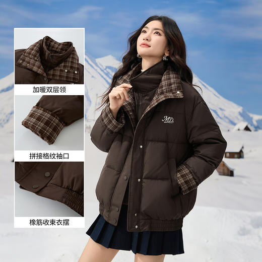 【年货节】熙世界巴恩风假两件格纹拼接羽绒服女冬季厚款时尚面包服短款外套 商品图1