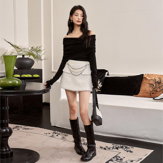 高级感一字领纯色T恤女新款收腰修身长袖针织衫V1831983 商品图6