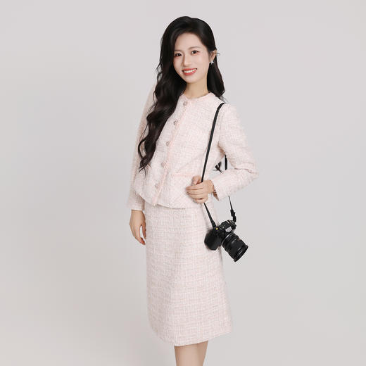 IWY/主持人同款小香风粗花呢粉色西装套裙女秋冬气质名媛通勤职业装两件套CS2500 商品图1
