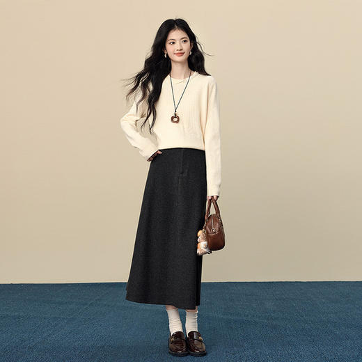 【12/17新品】熙世界深灰色毛呢半身裙女2025秋冬新款通勤高腰宽松中长款a字裙 商品图4