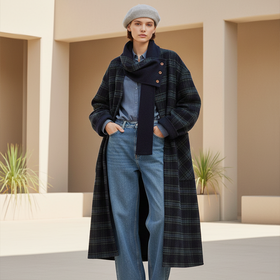 Famecoco范可儿围巾领格纹羊毛大衣长款宽松双面尼外套FAD8AQ122